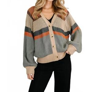 NEW HAPTICS v-neck button cardigan - plus in taupe/rust/charcoal